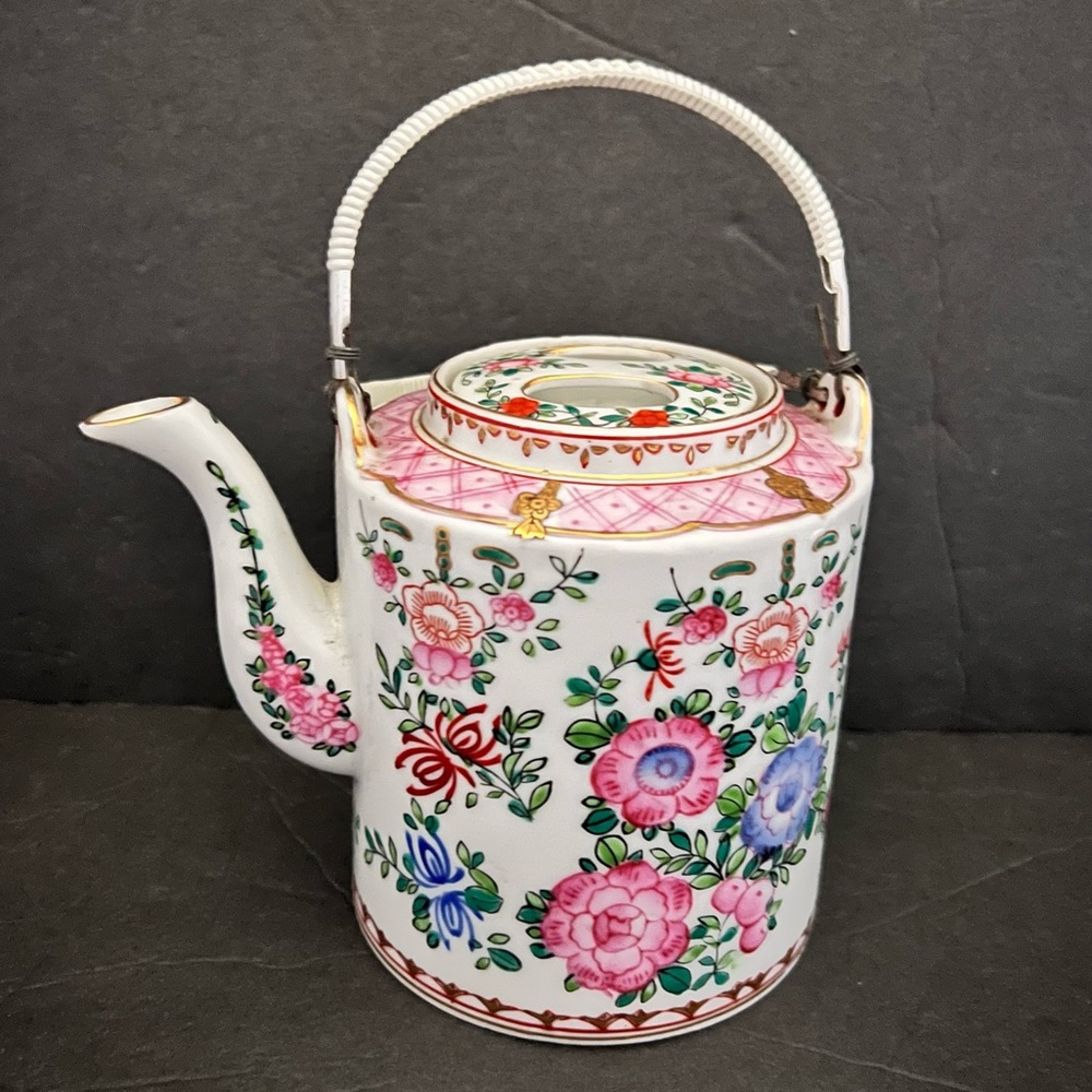 Vintage Japanese Tea Pot Lowestoft Hand Painted White with Flowers